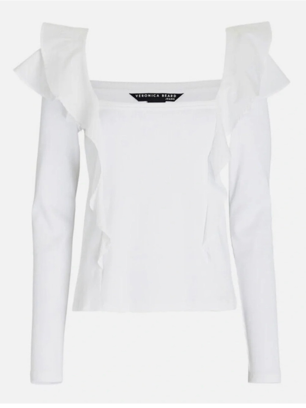 Veronica Beard White Ruffle-Trim Long Sleeve Top with Square Neck